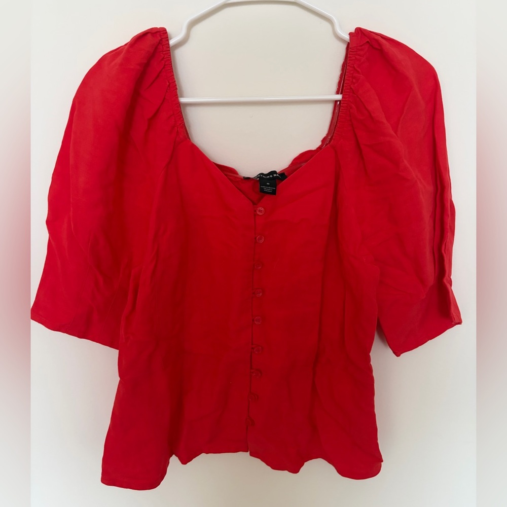 Something Navy Puff Sleeve Red Blouse